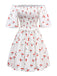 Weiß 1950er Kirsche Puffärmel Gesmokt Kleid