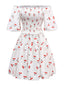 Weiß 1950er Kirsche Puffärmel Gesmokt Kleid