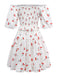Weiß 1950er Kirsche Puffärmel Gesmokt Kleid