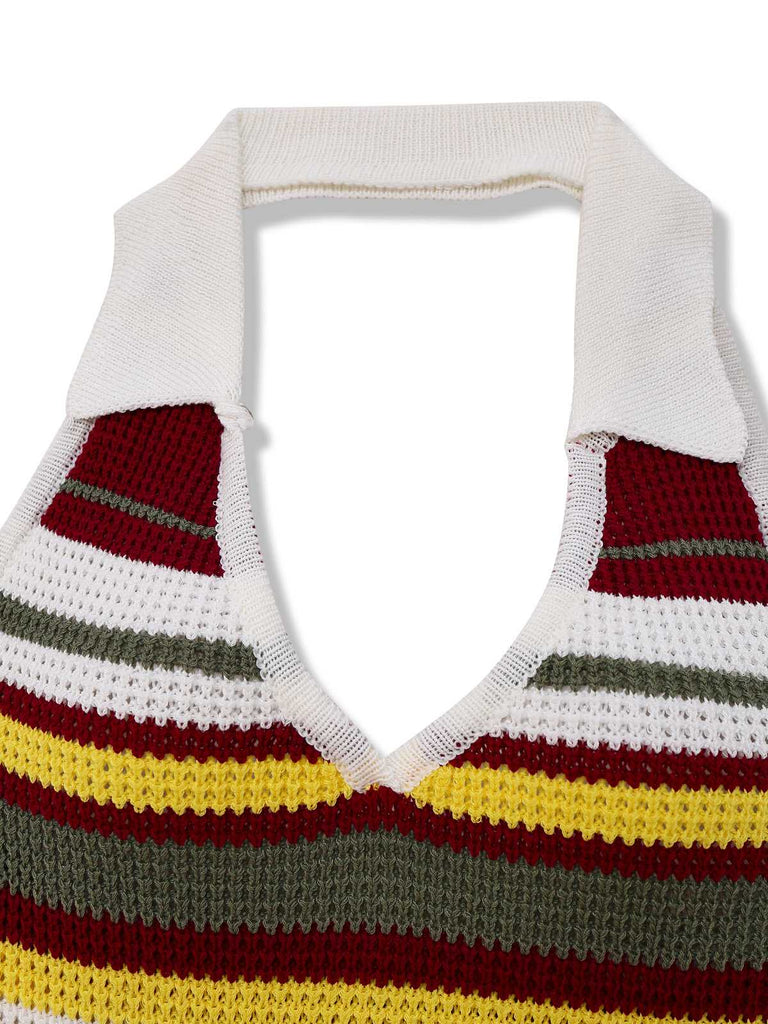 Grün 1960er V-Ausschnitt Revers Streifen Stricken Kleid
