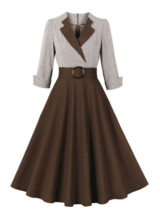 1950er Kerbkragen Farbblock Gingham Plaid Kleid