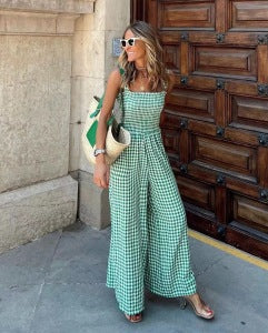 1950er Gingham Plaid Gesmokt Spaghettiträger Jumpsuit