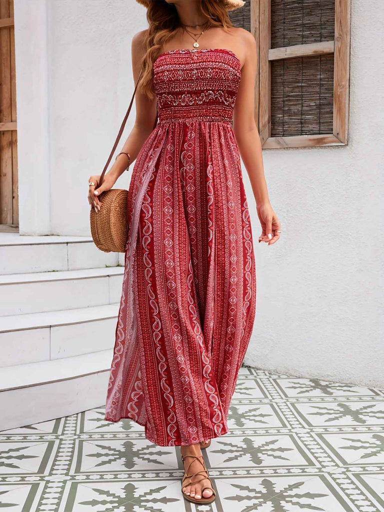 1970er Bohemien Trägerlos Schlitz Gesmokt Jumpsuit