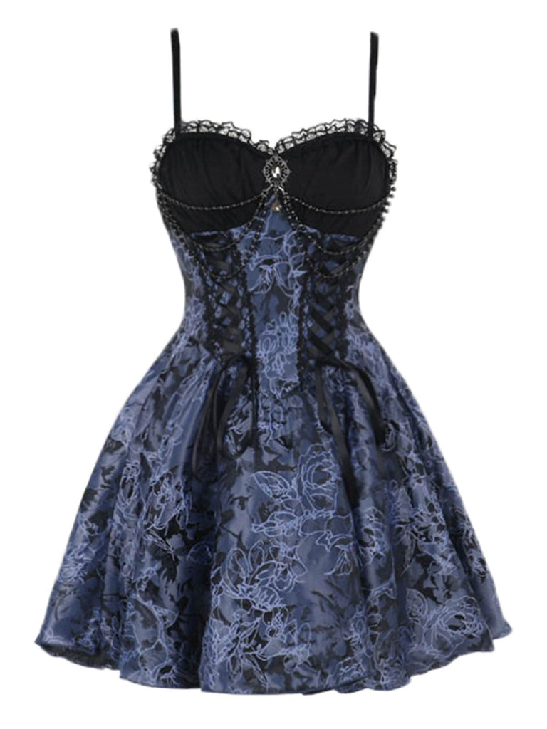 2PCS Schwarz & Blau 1980er Gothic Kap Strickjacke & Blumen Besticktes Kleid