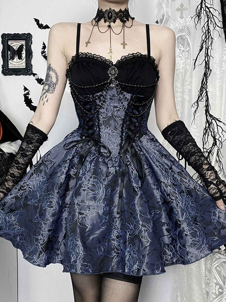 2PCS Schwarz & Blau 1980er Gothic Kap Strickjacke & Blumen Besticktes Kleid