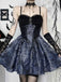 2PCS Schwarz & Blau 1980er Gothic Kap Strickjacke & Blumen Besticktes Kleid