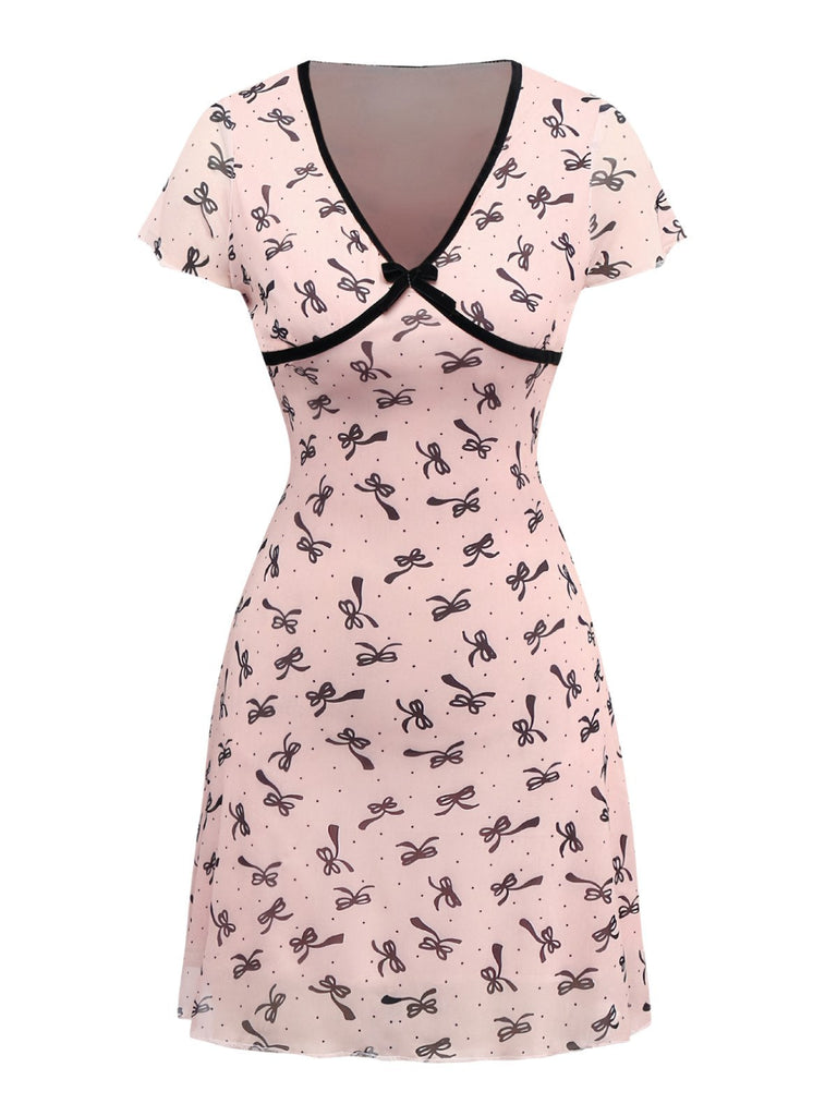 Rosa 1960er Bogen Drucken V-Ausschnitt Netz Kleid