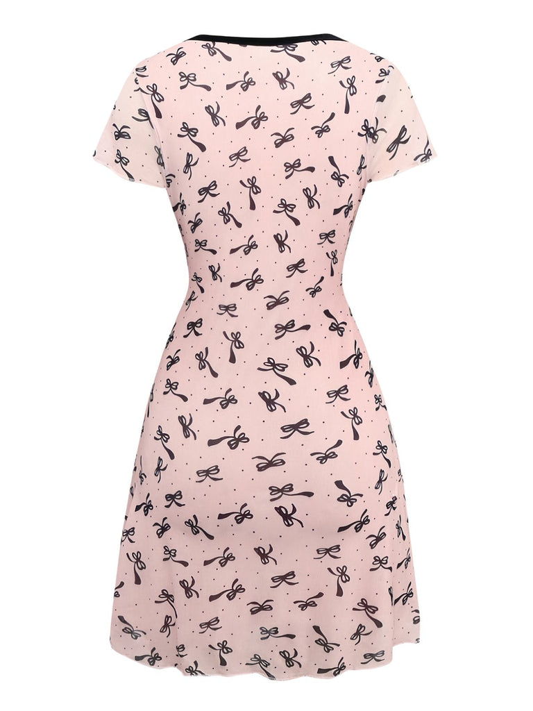 Rosa 1960er Bogen Drucken V-Ausschnitt Netz Kleid