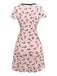 Rosa 1960er Bogen Drucken V-Ausschnitt Netz Kleid