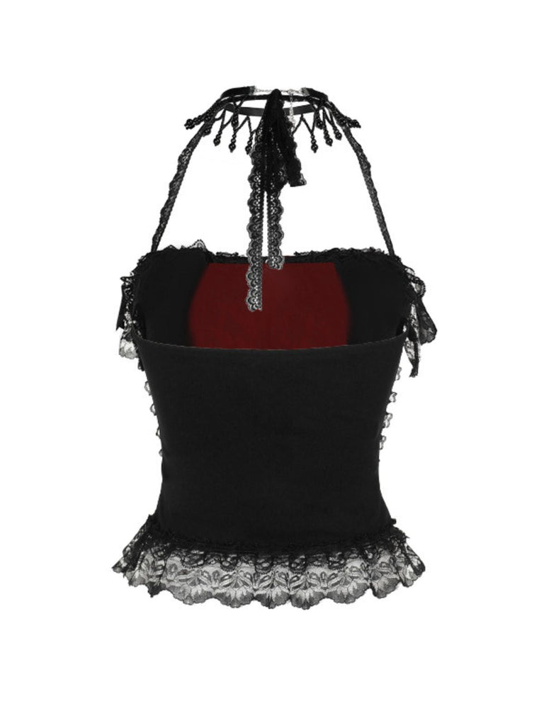 2PCS Schwarz 1980er Gothic Steampunk Halter Kreuz Camisole & Mini Rock
