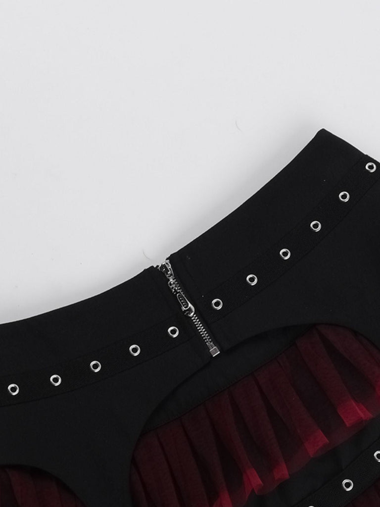 Schwarz 1980er Gothic Steampunk Netz Rüschen Mini Rock