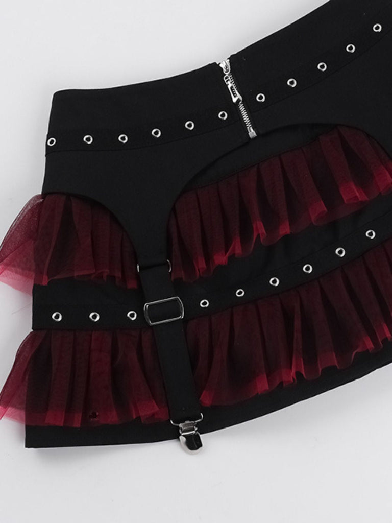 Schwarz 1980er Gothic Steampunk Netz Rüschen Mini Rock