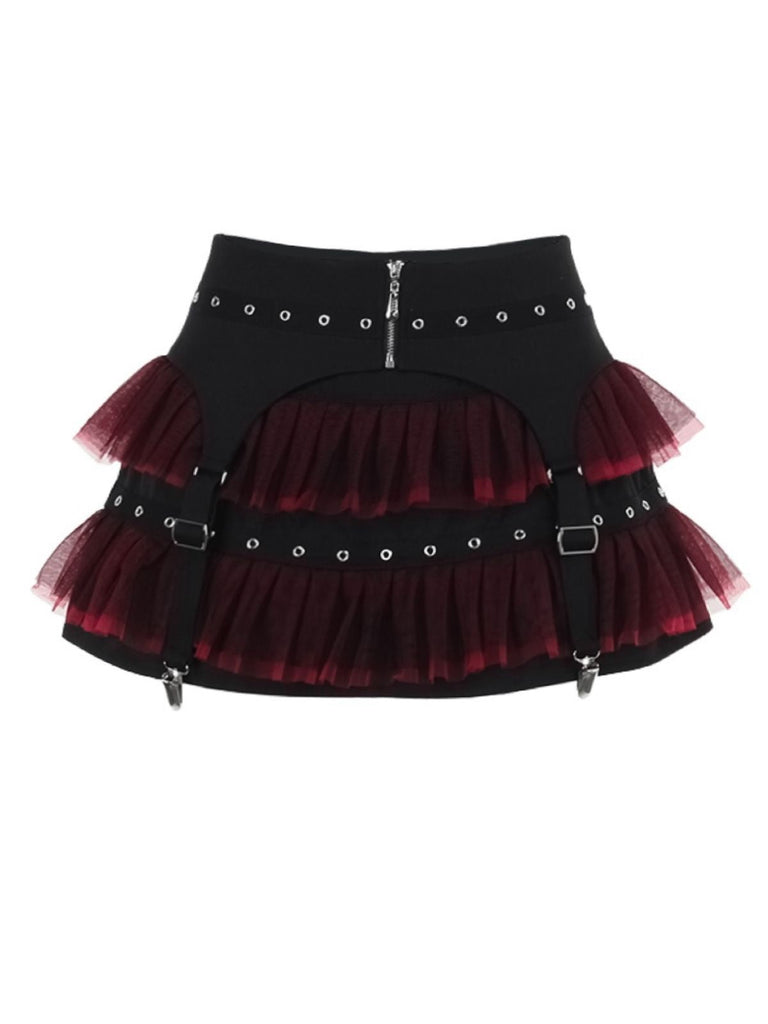 Schwarz 1980er Gothic Steampunk Netz Rüschen Mini Rock