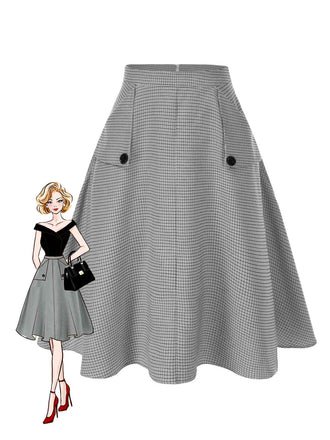 Grau 1950er Hohe-Taille Plaids Tasten Rock