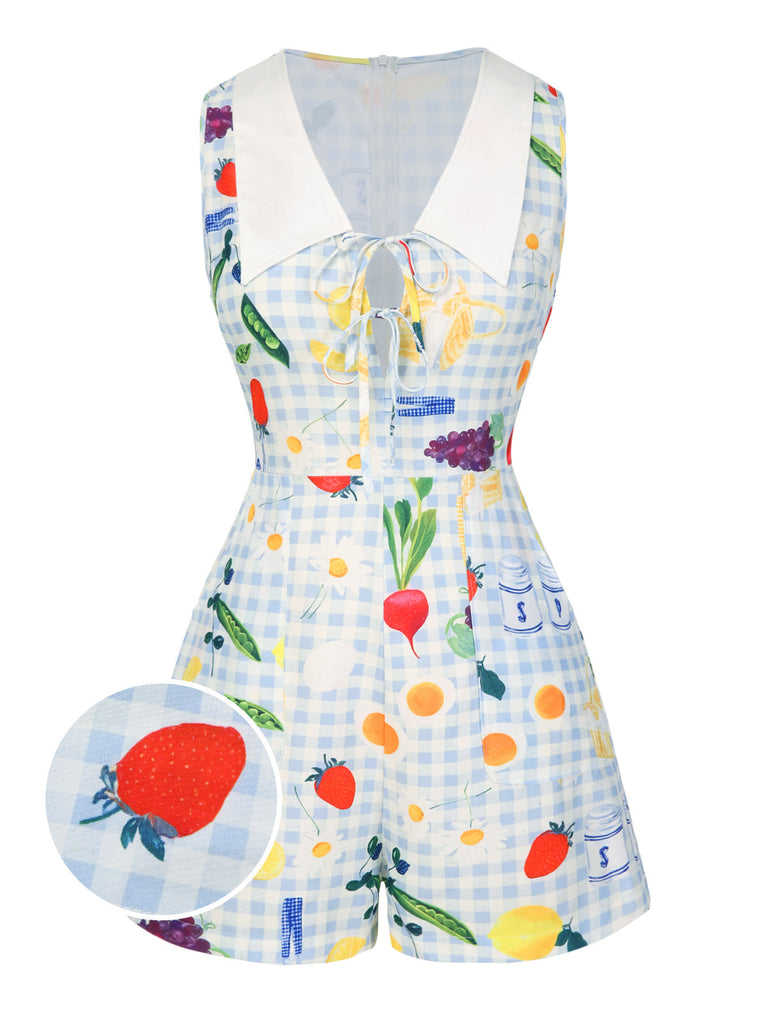 [Vorverkauf] Blau 1970er Plaid Obst & Blumen Romper