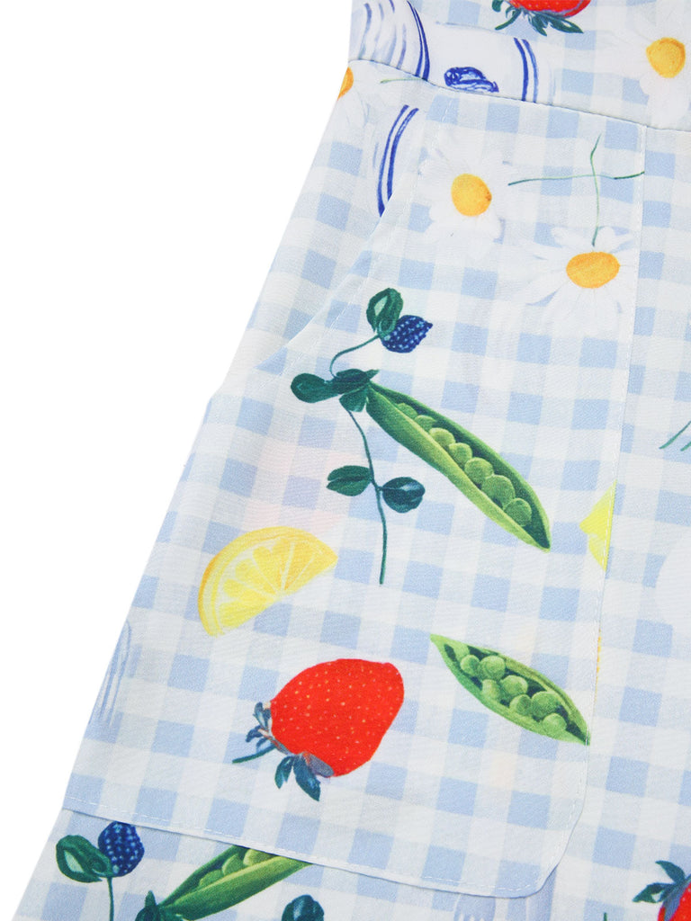 [Vorverkauf] Blau 1970er Plaid Obst & Blumen Romper