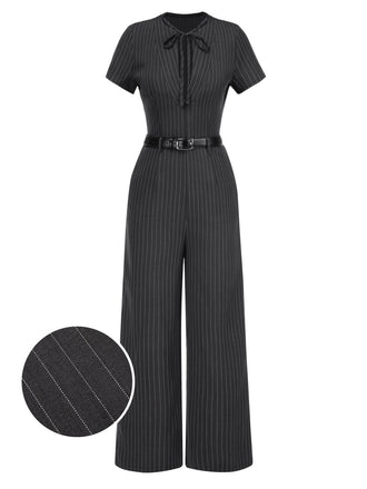 Dunkelgrau 1950er Streifen Gürtel Jumpsuit