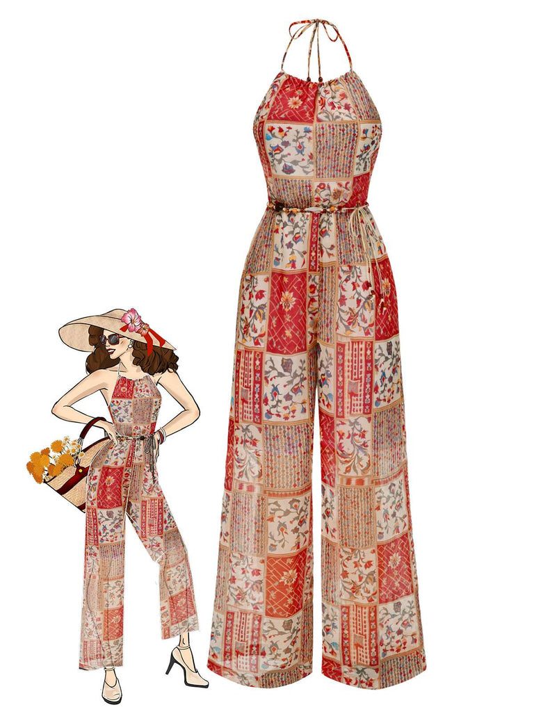 [Vorverkauf] 1970er Halter Boho Blumen Korn Jumpsuit
