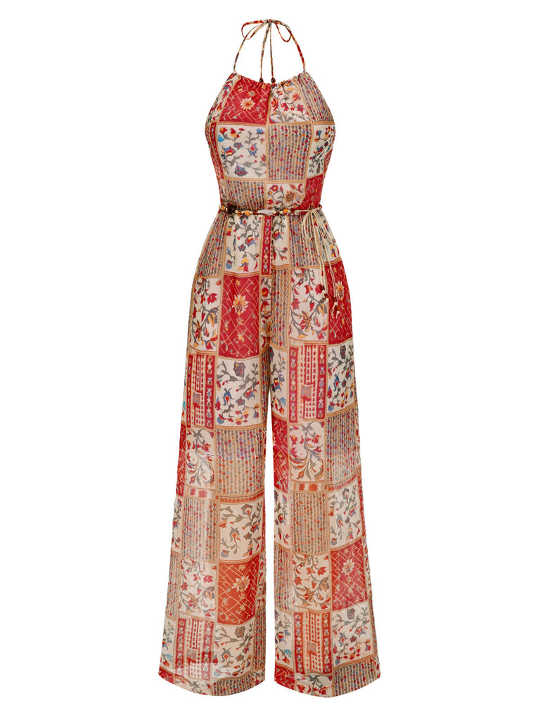 [Vorverkauf] 1970er Halter Boho Blumen Korn Jumpsuit