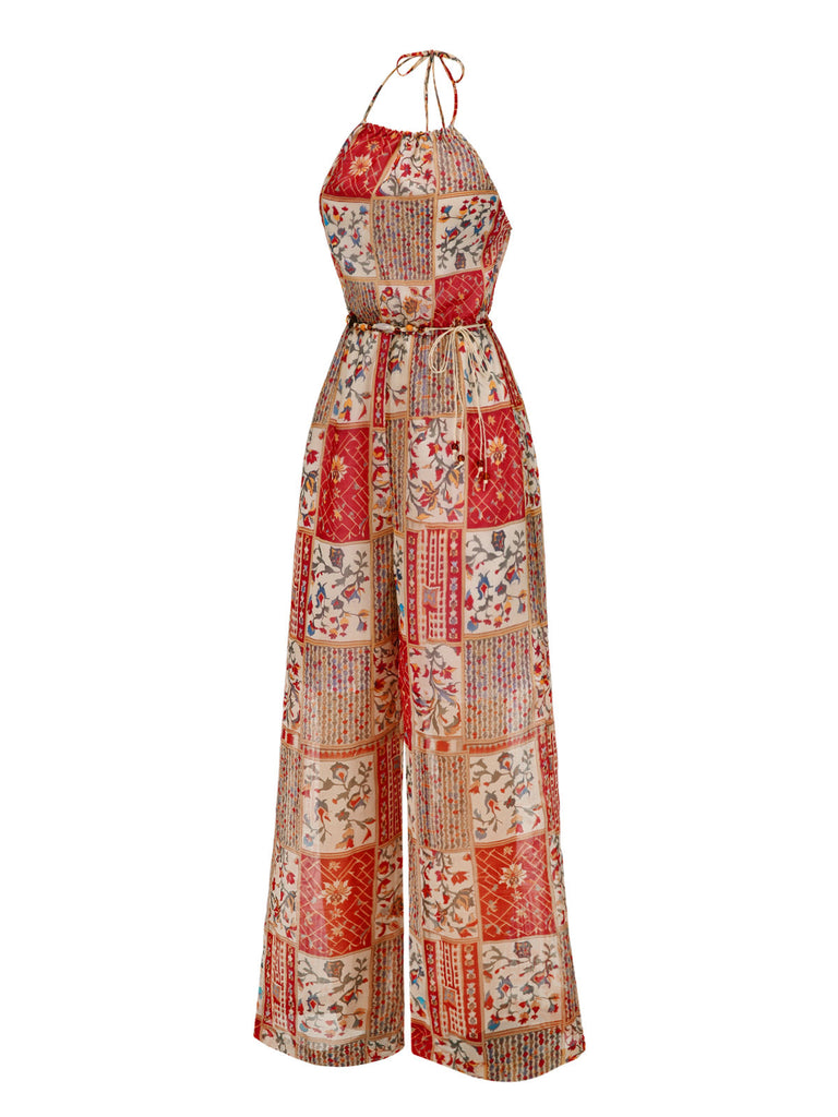 [Vorverkauf] 1970er Halter Boho Blumen Korn Jumpsuit