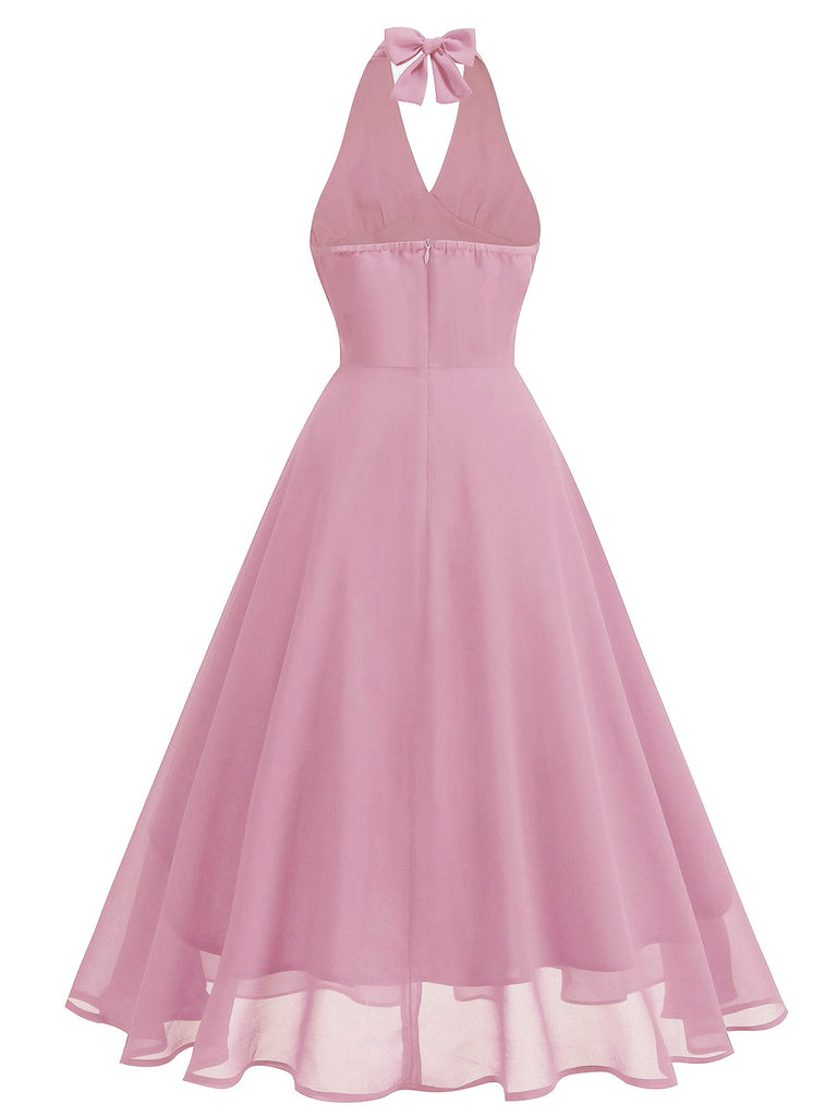 1950er Solide Halter V-Ausschnitt Netz Rückenfrei Kleid