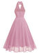 1950er Solide Halter V-Ausschnitt Netz Rückenfrei Kleid