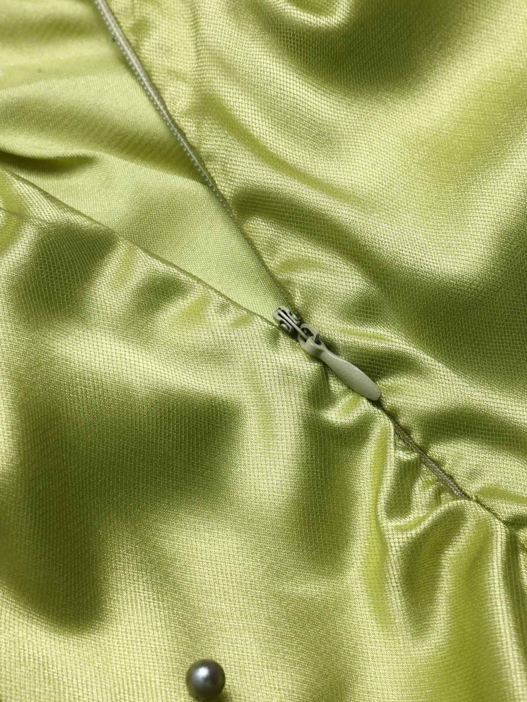 Chartreuse 1950er Perle Netz Patchwork Satin Kleid