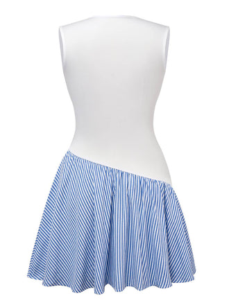 Blau 1950er Streifen Patchwork Plissiertes Kleid