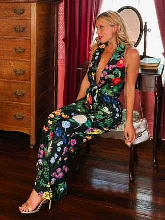 Schwarz 1930er Blumen V-Ausschnitt Halter Jumpsuit