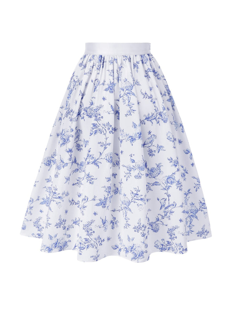 Blau & Weiß 1950er Porzellan Blumen Rock