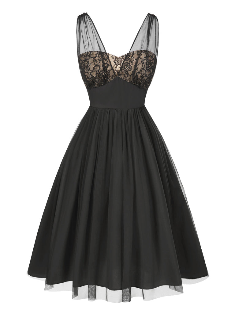Schwarz 1950er Spitze Blumen Netz Swing Kleid