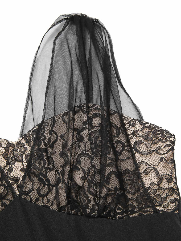 Schwarz 1950er Spitze Blumen Netz Swing Kleid