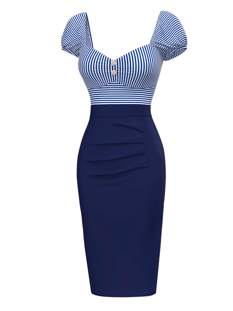 Dunkelblau 1960er Streifen Puffärmel Bleistift Kleid