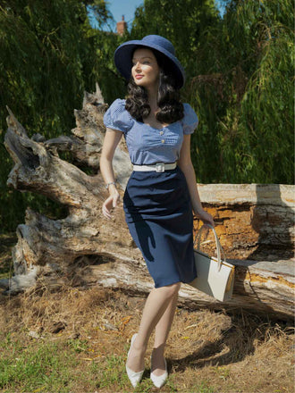 Dunkelblau 1960er Streifen Puffärmel Bleistift Kleid