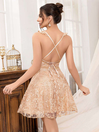 1950er Solide Stickerei Netz Zurückbinden Kleid