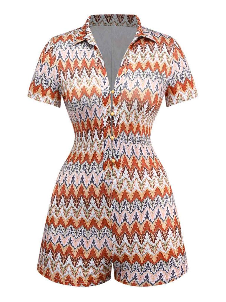Multicolor 1970er Boho Bäume Revers Romper