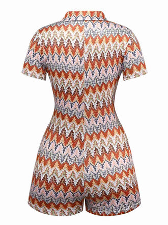 Multicolor 1970er Boho Bäume Revers Romper