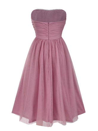 Rosa 1950er Trägerlos Gerüschtes Netz Ärmellos Kleid