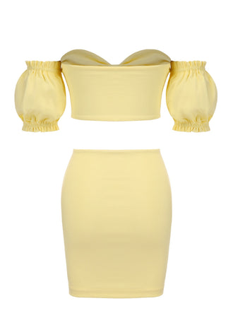 2PCS Gelb 1960er Solide Rohr Top & Bodycon Rock