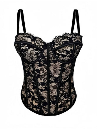 Schwarz 1970er Spitze Blumen Fischgrätmuster Korsett