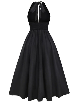 Schwarz 1970er Bohemien Hülse Randbereich Gesmokt Kleid