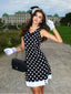Schwarz 1960er Polka Dots V-Ausschnitt Kleid