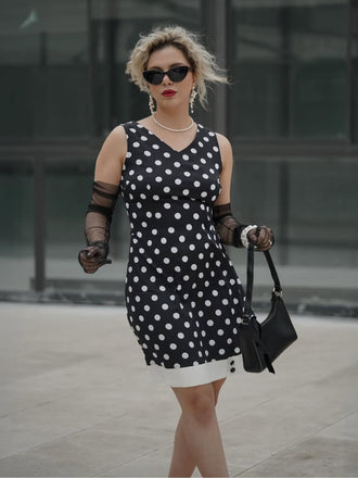 Schwarz 1960er Polka Dots V-Ausschnitt Kleid
