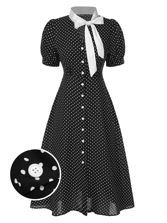 [Vorverkauf] Schwarz 1940er Tupfen Krawattenhals Kleid
