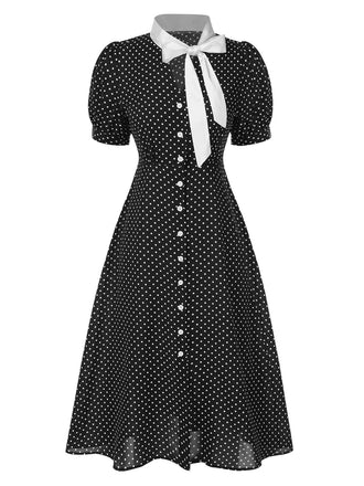 [Vorverkauf] Schwarz 1940er Tupfen Krawattenhals Kleid