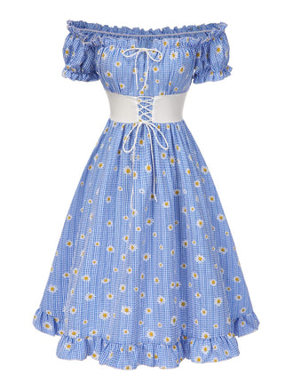 Blau 1950er Schulterfrei Plaids Gänseblümchen Schnürung Kleid