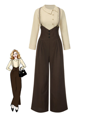 2PCS 1930er Baumwolle Solide Bluse & Latzhose
