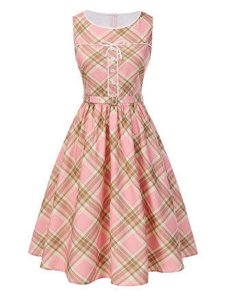 [Vorverkauf] Rosa 1950er Gingham Plaid Ärmellos Gürtel Kleid