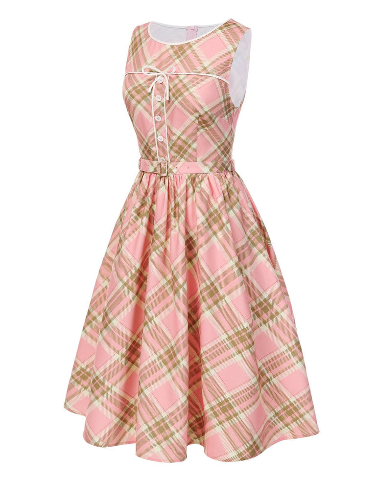 [Vorverkauf] Rosa 1950er Gingham Plaid Ärmellos Gürtel Kleid