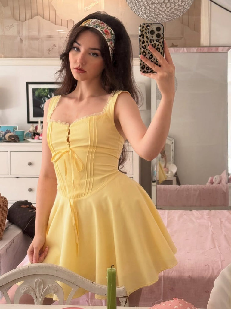 1960er Solide Spitze Träger Schnürung Skater Kleid